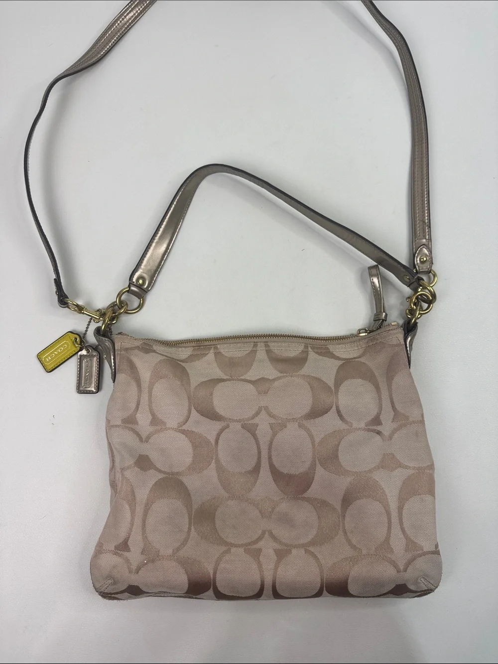 Coach Signature C Canvas Crossbody Bag Beige Gold Leather Trim Coral lined